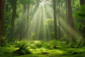 Obraz premium In the tranquil wilderness, mystic sunbeams illuminate lush foliage in a fantasy woodland scene.