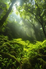 Fototapeta premium In the lush, misty rainforest morning, dense foliage, towering trees, and foggy wilderness thrive.