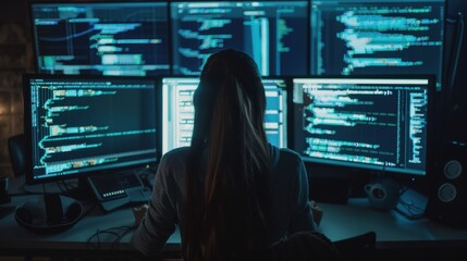 Medium Shot of Woman Working as a Developer, Surrounded by Big Screens Displaying Lines of Code in Dark Monitoring Room