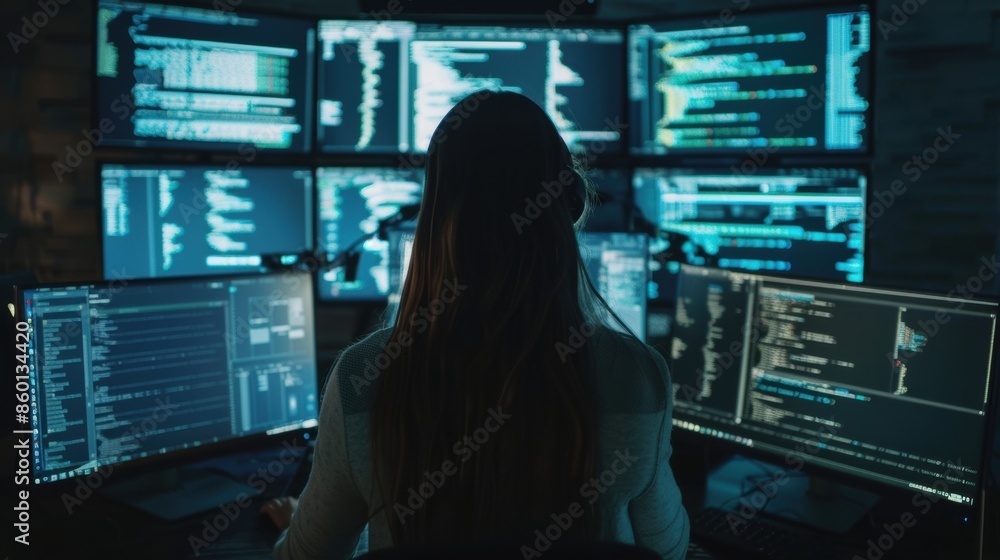 Aufkleber medium shot of woman working as a developer, surrounded by big screens displaying lines of code in d
