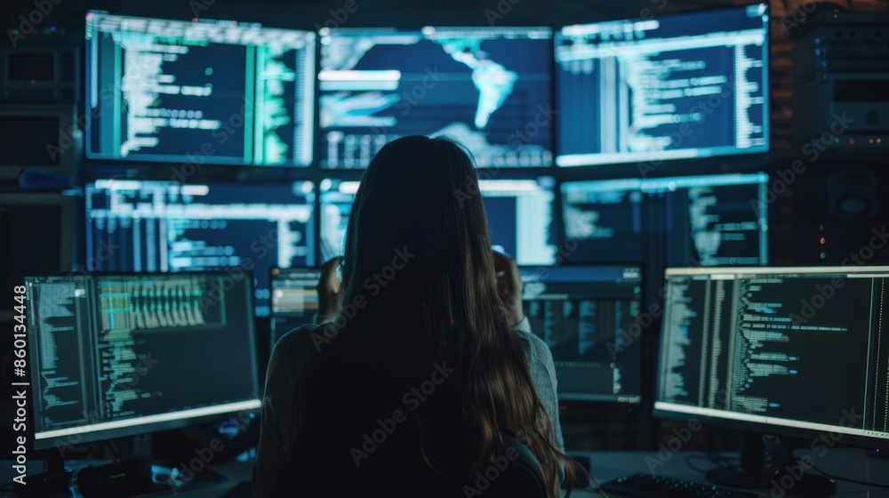 Poster medium shot of woman working as a developer, surrounded by big screens displaying lines of code in d