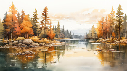 Naklejka premium An autumnal watercolor landscape with a reflective lake, surrounded by trees in warm fall colors, capturing the essence of the season.