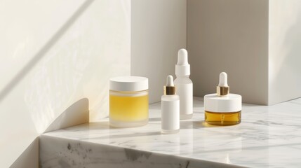 a minimalist flat lay composition featuring a collection of luxury skincare products