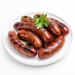 Grilled Sausage Links on White Plate with Fresh Parsley Garnish