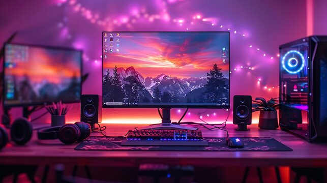 A realistic photo of a professional streaming setup with a high-end gaming PC, dual monitors, and a mechanical keyboard with RGB lighting.