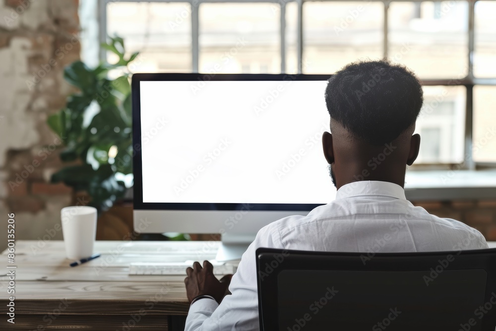 Poster unrecognizable black businessman using computer with empty blank screen