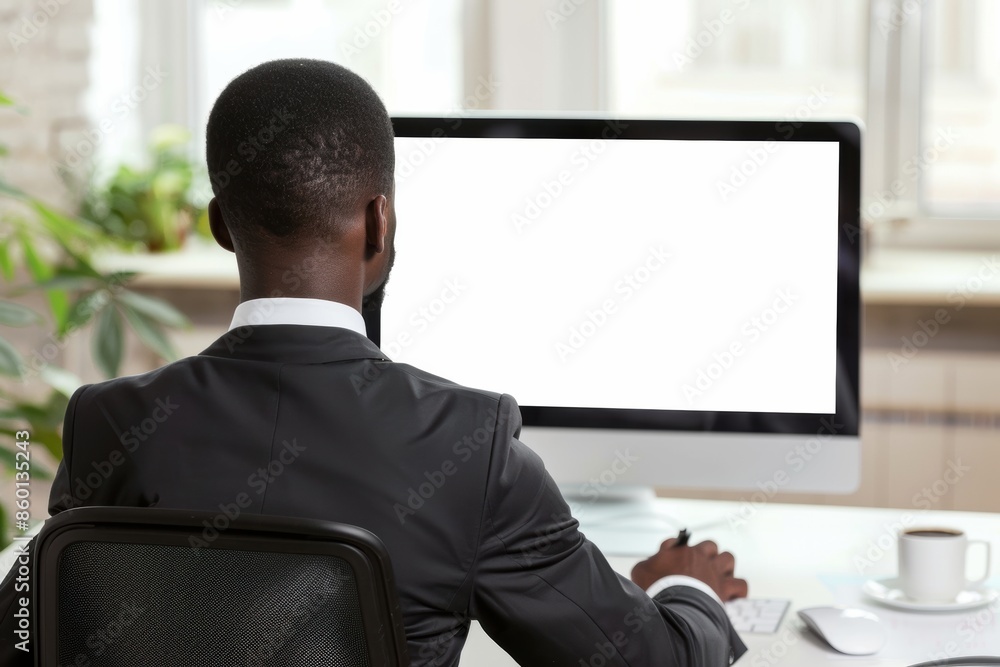 Poster unrecognizable black businessman using computer with empty blank screen
