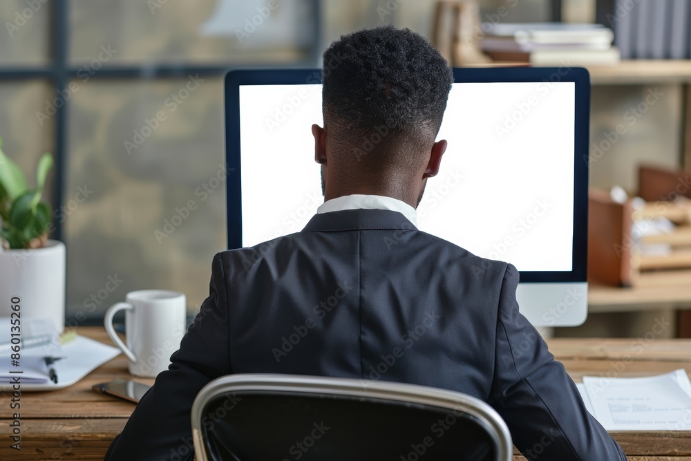 Poster unrecognizable black businessman using computer with empty blank screen