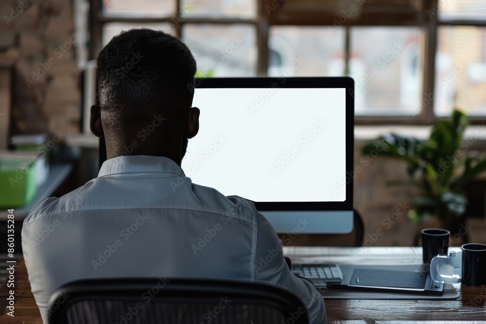 Poster unrecognizable black businessman using computer with empty blank screen