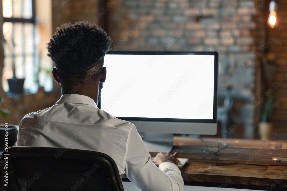 Poster unrecognizable black businessman using computer with empty blank screen
