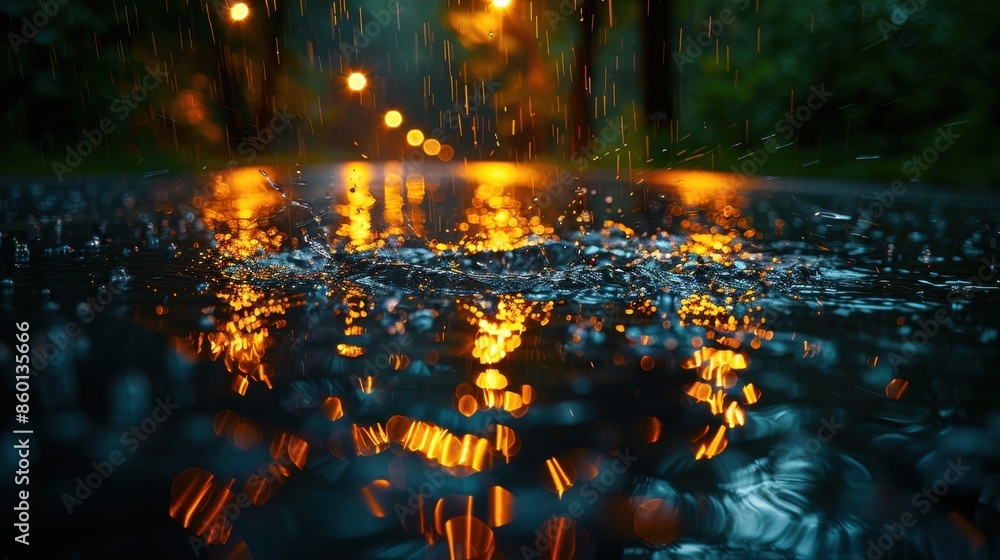 Poster raindrops splashing in a puddle with warm, glowing lights reflecting off the wet surface, creating a