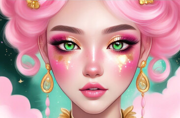 Step into a world of fantasy with this stunning close-up portrait featuring vibrant pink curls