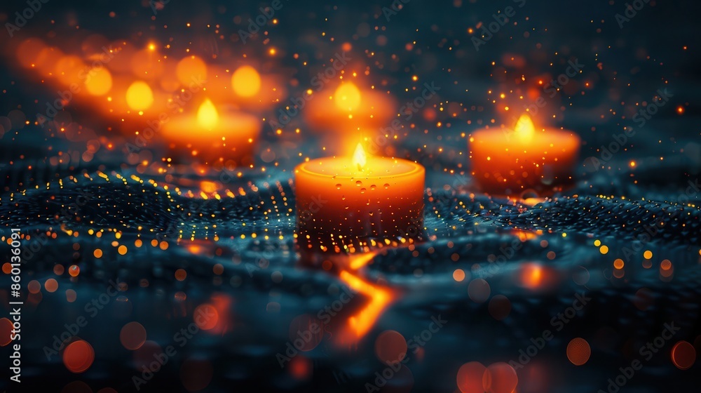Poster candles are beautifully glowing, surrounded by a mystical array of bokeh lights, creating an enchant
