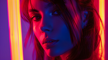 Obraz premium Toned portrait of beautiful woman with glowing neon lamps on dark color background : Generative AI