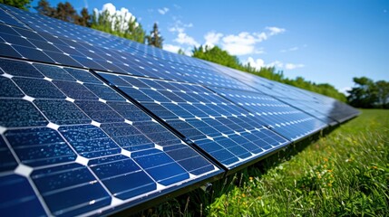Solar Panels in a Green Field Under Blue Sky