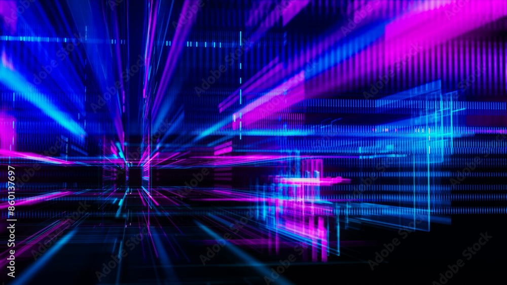Poster abstract techno background. three-dimensional composition of intersecting multi-colored grids. infor
