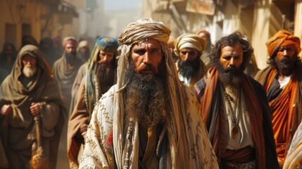 Naklejka premium A diverse group of men dressed in traditional, historical robes and turbans walking purposefully through a lively street, illustrating cultural heritage and unity.