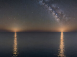 The stars reflecting off the calm surface of the ocean, with the horizon line barely visible.