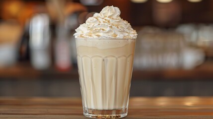 Milkshake with whipped cream on a bar counter close-up