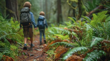 Two children with backpacks hiking on a lush green forest trail, representing adventure, exploration, and the joy of being close to nature in a serene environment.