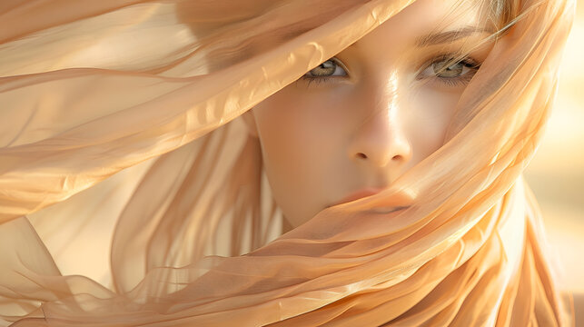 Beautiful Woman wrapped in Beige Silk Scarf Beauty Girl Face with Smooth Skin and Natural Makeup Women Hair Sun Care Headwear Scarves over Desert Sand background : Generative AI - Powered by Adobe
