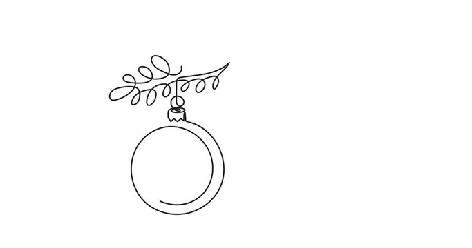 2025 and Christmas toy one line art animation, hand drawn continuous contour drawing motion.Holiday concept,festive tree ball.New year handwriting text,minimalist video design. 4k self-drawing movie