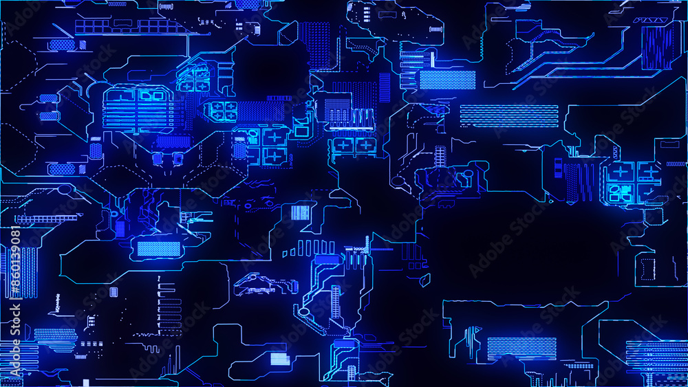 Poster printed circuit board. visualization of advanced technology concept: pcb processor microchip, digiti