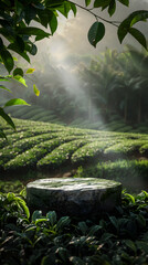 Morning Mist Over Tea Fields: A stone podium sits amidst lush green tea fields, sunlight streaming through the mist in a serene and captivating landscape. 