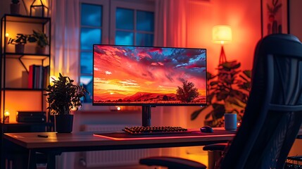 A realistic photo of a snug gaming corner with a plush gaming chair, a single monitor on a stylish desk, and soft ambient lighting.