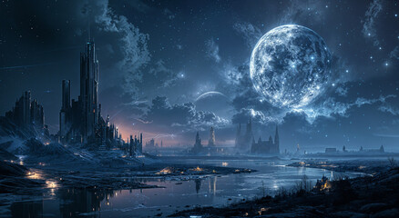 Alien planet landscape with a moon