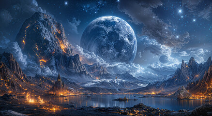 Obraz premium Alien planet landscape with a moon