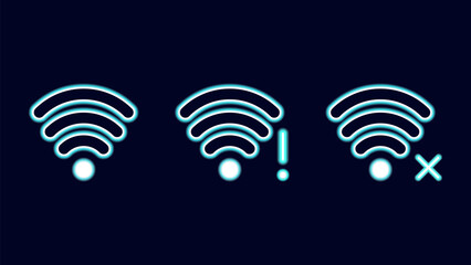 WiFi symbols neon effect dark background. Waves Wi Fi signal icon. Internet connection modern technology. Design web page billboard banner. Vector illustration.