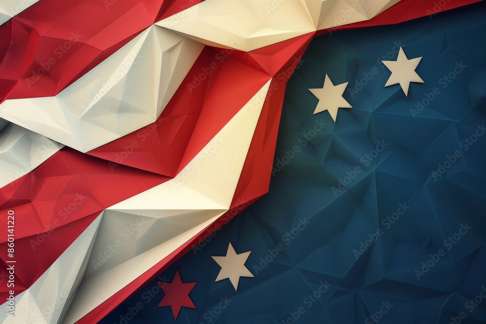 Poster minimalistic geometric design of a folded american flag with sharp, angular folds.