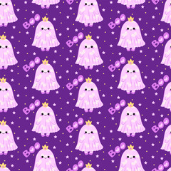 Seamless pattern with cute ghost princess. Halloween.  Pattern for textile, wrapping paper, background.