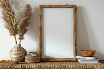Minimalist mockup with blank photo frame, books, and vase on natural mat