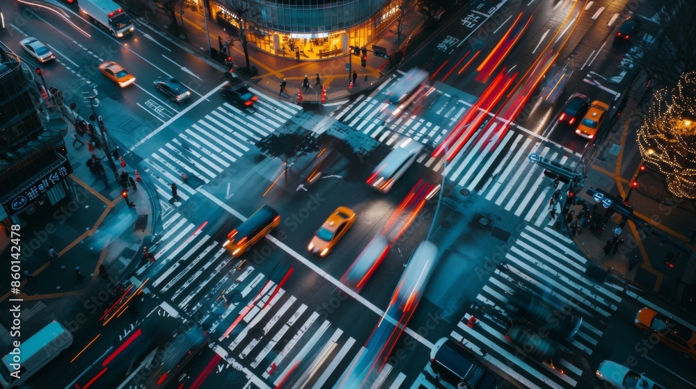 Poster a busy intersection with multiple traffic lights controlling vehicle flow during rush hour