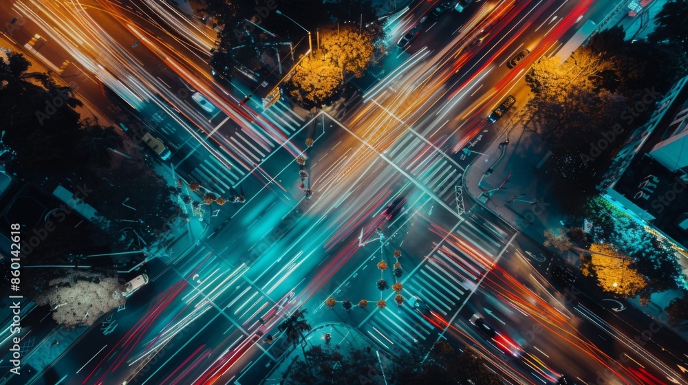 Poster a busy intersection with multiple traffic lights controlling vehicle flow during rush hour