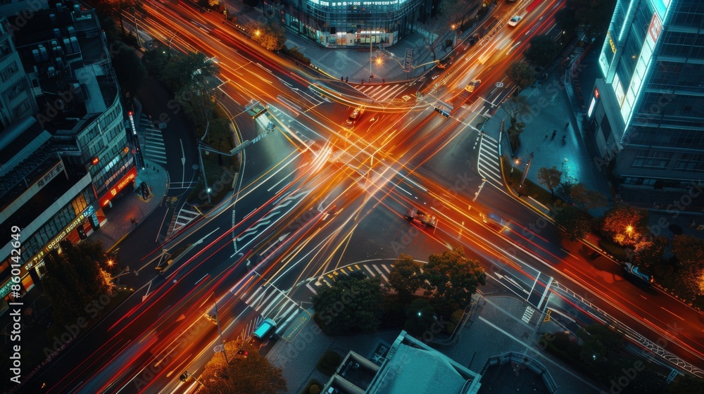 Poster a busy intersection with multiple traffic lights controlling vehicle flow during rush hour