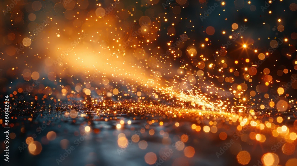Poster this image captures a vibrant scene of glowing sparks scattered across a dark surface, creating a dy