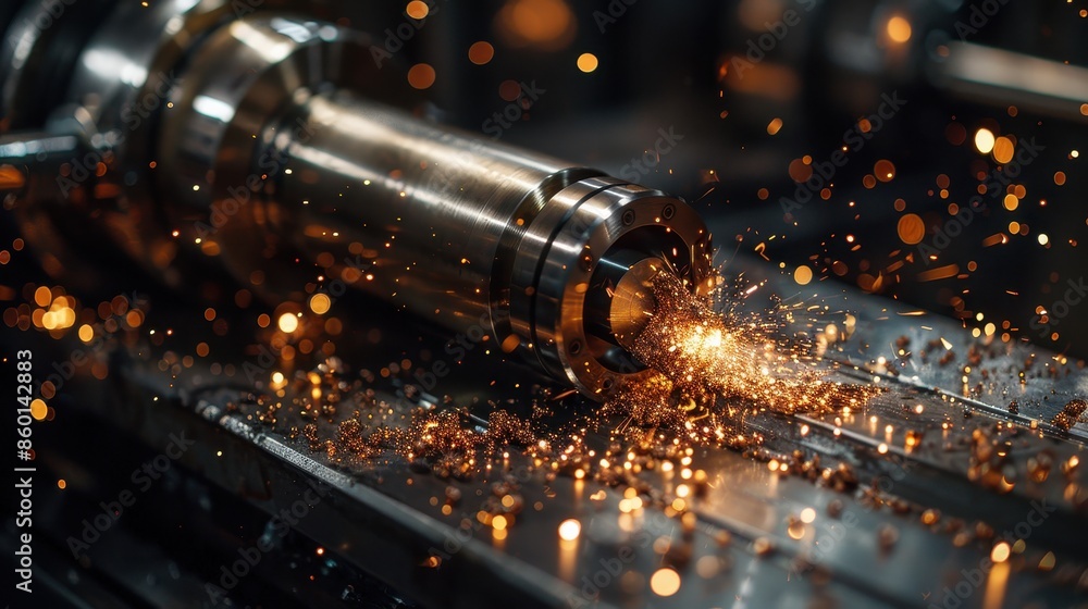 Poster this image shows sparks flying off a metallic object, indicative of an industrial process. the strik