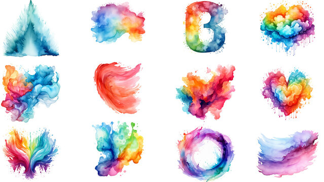 A collection of twelve vibrant and colorful abstract watercolor designs, perfect for artistic backgrounds and creative projects.