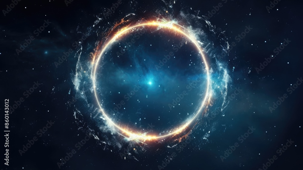 Poster abstract of mysterious geometric shape portal or frame with nebula light release particle or plasma 