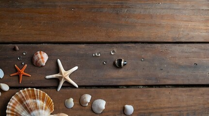 sea shells and starfish on wooden table