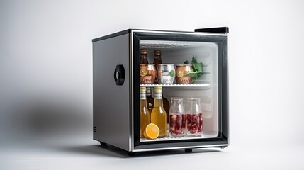 Mini Fridge with Colorful Beverages and Fruits
