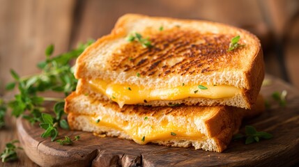 Grilled Cheese Sandwich with Fresh Herbs. Close-up of Delicious Grilled Cheese Toast