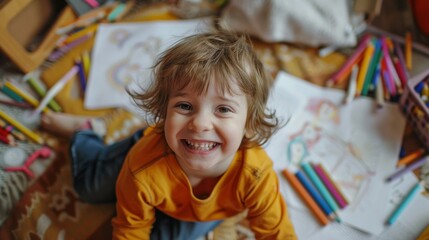 A child with a messy coloring area, crayons and papers scattered everywhere, but with a big smile