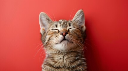 Fototapeta premium Cute Cat. Close-up. Isolated against a vibrant red background. Kitty. Feline. Pet.