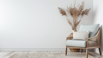 Apartment interiors with boho touches, minimal furniture and window lighting. Residential Real Estate mockup composition with copy space.