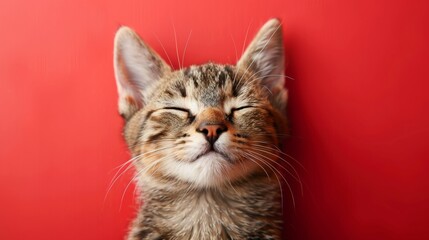 Obraz premium Cute Cat. Close-up. Isolated against a vibrant red background. Kitty. Feline. Pet.