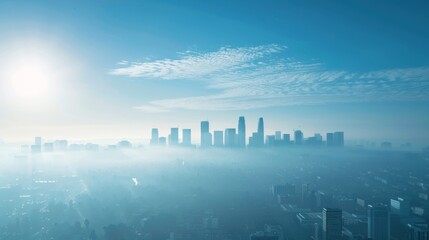 Fototapeta premium A city skyline with smog and haze due to ozone pollution, illustrating urban environmental challenges